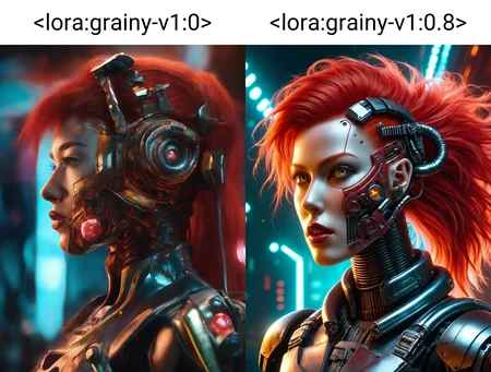 A stunning biomechanical cyberpunk masterpiece featuring a cybernetic red-haired female with an epoxy skull mask, glowing eyes, and war-glam armor inspired by Fanbingbing fashion. The photorealistic, highly detailed 8K artwork showcases a perfect fusion of organic and artificial elements in a dystopian, futuristic setting with dramatic lighting and rich colors. grainy textured photo
<lora:grainy-v1:0>