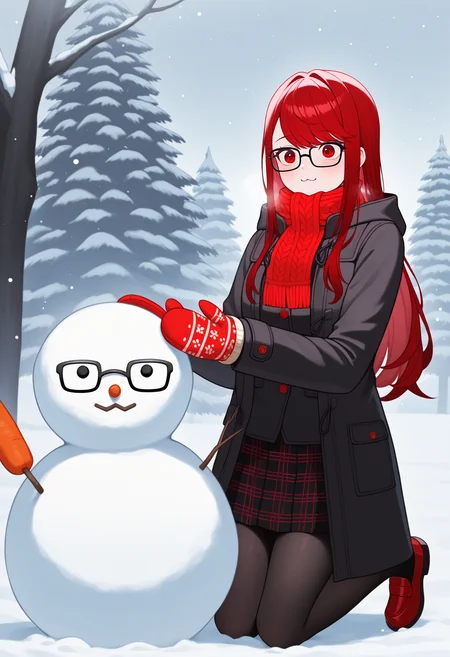 1girl, :3, snowman, kneeling, carrot, <lora:KasumiP5-illu:1> jnSumi, red hair, long hair, hair down, swept bangs, red eyes, glasses, winter clothes, black coat, red scarf, long sleeves, mittens, open coat, plaid skirt, black pantyhose, loafers, red footwear, snow, snowing, tree, winter, masterpiece, best quality, good quality, newest