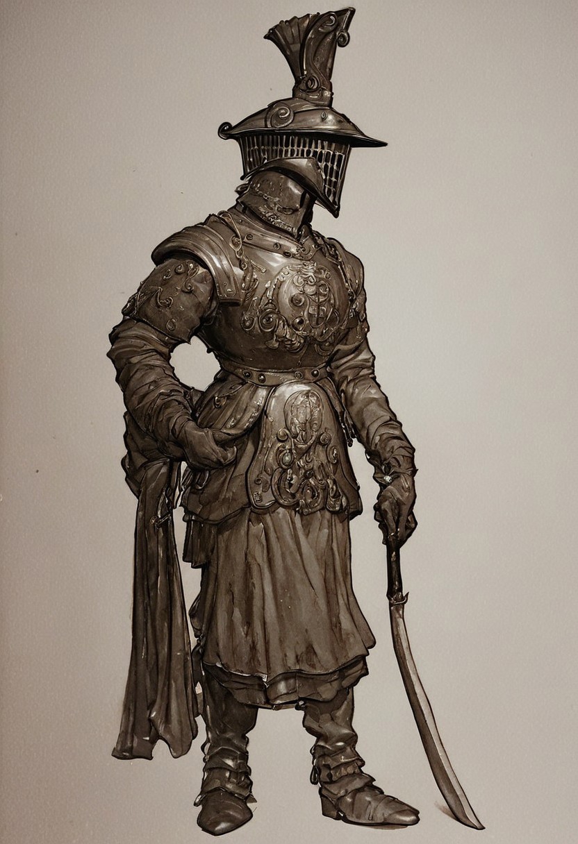 absurdres, hires, score_9, score_8_up, score_7_up, painterly, faux traditional media, renaissance, (full body, from the front), European male, tall and muscular, standing proud,sixteenth century, Spanish musketeer with ornate breastplate, helmet, holding a long musket , (late medieval European city background)