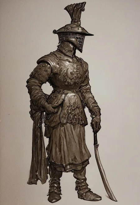 absurdres, hires, score_9, score_8_up, score_7_up, painterly, faux traditional media, renaissance, (full body, from the front), European male, tall and muscular, standing proud,sixteenth century, Spanish musketeer with ornate breastplate, helmet, holding a long musket , (late medieval European city background)