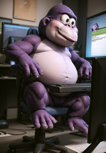 Monitor view, boy inside pc, desktop background, digital boy, score_9, score_8_up, score_8, score_9, solo, 1boy, b0nz1buddy, gorilla, dialogue box, icons, popup message, sitting in an e-sports chair, game handle, computer Desk