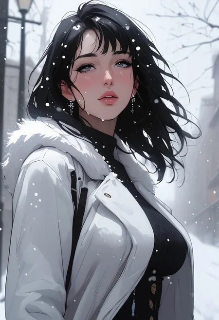 masterpiece, best quality, highly detailed, ultra-realistic, score_9, score_8_up, score_7_up, score_6_up, source_cartoon,  
BREAK  
1MILF, 35yo, curvy waist, large breasts, pale skin, long black hair, wearing a white fur coat, standing in snow, looking up at sky, expression of wonder, snowflakes on skin, cold breath visible, dark clouds, streetlights glowing, faint scent of winter.  
BREAK  
snow falling, hair slightly covered in snow, coat slightly open, motion_lines:1.5, motion_blur:1.5.  
BREAK  
atmospheric, emotional, raw sensuality, dynamic light, cold_light, soft focus, depth of field, cinematic composition
