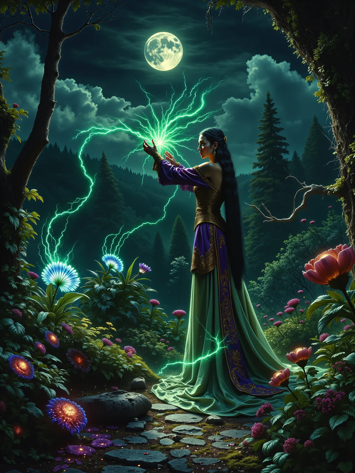 magical atmosphere, nature focus, dim lighting, highly detailed masterwork painting portraying a beautiful witch, sfumato, golden ratio, a serene nighttime scene of a gorgeous nature witch casting a spectacular teal and gold-colored spell over a flower bed in her magical garden, she stands gracefully on a narrow cobblestone path in her lush herb garden, her captivating eyes focused on the spell, while her long, silky black hair flows softly in the night breeze, she wears a flowing, intricately detailed ornate robe in shades of deep purple and anthrazit grey, embroidered with floral motifs and a leather pouch filled with herbs at her side, her hands raised, tendrils of glowing green magic unfurling from her fingertips, illuminating the plants around her with a mystical light, the distant moon, partially obscured by dramatic clouds, is casting dappled moonlight across the land, the mood is peaceful and enchanting, the scene exuding a quiet sense of wonder, the herb garden is filled with fantastical plants, some bioluminescent, others with surreal shapes, a nearby plant features glowing blue flowers with petals resembling spiraled seashells, casting an ethereal light, another plant has long, twisting leaves that sway gently in response to the witchâs magic, their edges faintly glowing purple, further back, a cluster of bulbous plants with translucent crimson roots pulse faintly, as if alive, contributing to the magical ambiance, the sky above is dramatic, with clouds drifting lazily, half obscuring the full moon, which bathes the garden in soft, silver dappled moonlight, casting gentle shadows and adding depth, the interplay of light and shadow enhances the dreamlike quality of the moment, the witchâs face is serene, reflecting her deep connection to nature, the plants around her vibrant and alive in response to her magical spell, the perspective is intimate, as though the viewer is standing just a few feet away, watching the witch in her natural element, her garden framed by the deep shadows of the night, the foreground is rich in detail, with vibrant plants, the shimmering light of the magic, and the texture of earth and moss beneath her feet, the painting captures the warmth of the scene despite the cool night air, with subtle golden hues blending with the deep greens and purples of the garden, the background features shadowy trees and vines, fading into the dark, mysterious forest beyond, the overall color palette is rich and dark, dominated by deep greens, soft blues, purples, and silver moonlight accentuating the magic and lush garden, the oil painting technique adds depth and texture, with soft, layered brushstrokes giving a sense of movement and life to the garden, detailed perfect hands, detailed background, dark corners, hkmagic, style of gil elvgren, <lora:style-gil_elvgren-flux-by_tangbohu:0.72> <lora:style-wizards_and_witches-v2-flux-by_hailoknight:0.68> <lora:epic_gorgeous_details-balance-flux-by_flyway:0.48> <lora:image_enhancer-flux-by_dever:0.64>