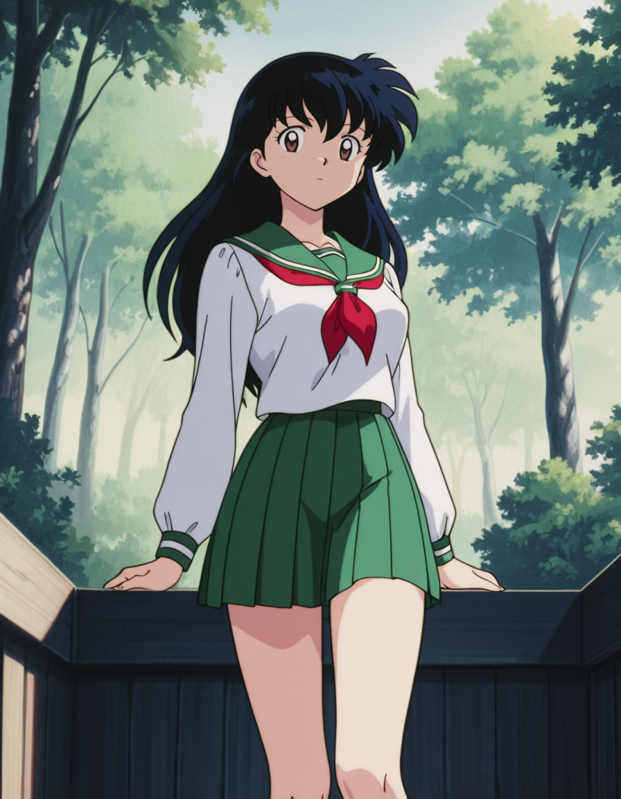 official style,Higurshi kagome (2000s anime analog),retro artstyle,black hair,long hair,bangs,brown eyes,school uniform,serafuku,green sailor collar,red neckerchief,white shirt,green pleated skirt,1girl,(dark matter:-1),(moster:-1),
looking at viewer,
medium large breasts,
perky breasts,explicit,hair between eyes,(bold:3.12),thick outline,black outline,harsh lines,soft lines,deluster,boldline,curvy,slim,(hat:-1),
expressionless,
(anime screencap),(anime coloring:1.2),anime screenshot, animated painting, animated gif,2d cel anime,anime cap,anime,anime style,anime cel,Cel shading,cel shaded,soft brightness,perfect face,perfect nose, perfect hair, perfect eyes,perfect female body,perfect skin,a face of perfect proportion,perfect lighting,perfect anatomy,perfect proportion,perfect hands,perfect legs,perfect fingers,masterpiece,super fine illustration,best quality,very aesthetic,absurdres,16k,intricate detail,amazing quality,detailed linework,vibrant colors,kawaii,flat color,sky,forest,wooden well,day,
 <lora:ç¬å¤åæ¥æ®ããã2000å¹´ä»£ã¢ãã¡ã¢ãã­ã°ä½ç»é¢¨illustriousInuyashaHigurashi_Kagome2000s_anime_analog_painting_Styleillustrious:1:0.8>