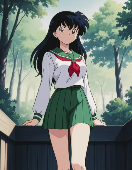 official style,Higurshi kagome (2000s anime analog),retro artstyle,black hair,long hair,bangs,brown eyes,school uniform,serafuku,green sailor collar,red neckerchief,white shirt,green pleated skirt,1girl,(dark matter:-1),(moster:-1),
looking at viewer,
medium large breasts,
perky breasts,explicit,hair between eyes,(bold:3.12),thick outline,black outline,harsh lines,soft lines,deluster,boldline,curvy,slim,(hat:-1),
expressionless,
(anime screencap),(anime coloring:1.2),anime screenshot, animated painting, animated gif,2d cel anime,anime cap,anime,anime style,anime cel,Cel shading,cel shaded,soft brightness,perfect face,perfect nose, perfect hair, perfect eyes,perfect female body,perfect skin,a face of perfect proportion,perfect lighting,perfect anatomy,perfect proportion,perfect hands,perfect legs,perfect fingers,masterpiece,super fine illustration,best quality,very aesthetic,absurdres,16k,intricate detail,amazing quality,detailed linework,vibrant colors,kawaii,flat color,sky,forest,wooden well,day,
<lora:ç¬å¤åæ¥æ®ããã2000年代ã¢ãã¡ã¢ããã°ä½ç»é¢¨illustriousInuyashaHigurashi_Kagome2000s_anime_analog_painting_Styleillustrious:1:0.8>