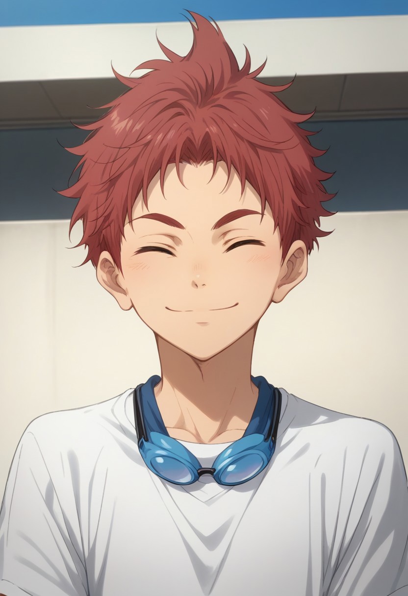 score_9, score_8_up, score_7_up, source_anime, highly detailed, 
asahi, 1boy, male focus, solo, red hair, closed eyes, shirt, white shirt, t-shirt, short sleeves, goggles, googles around neck, upper body, smile, closed mouth, pants,
outdoor,