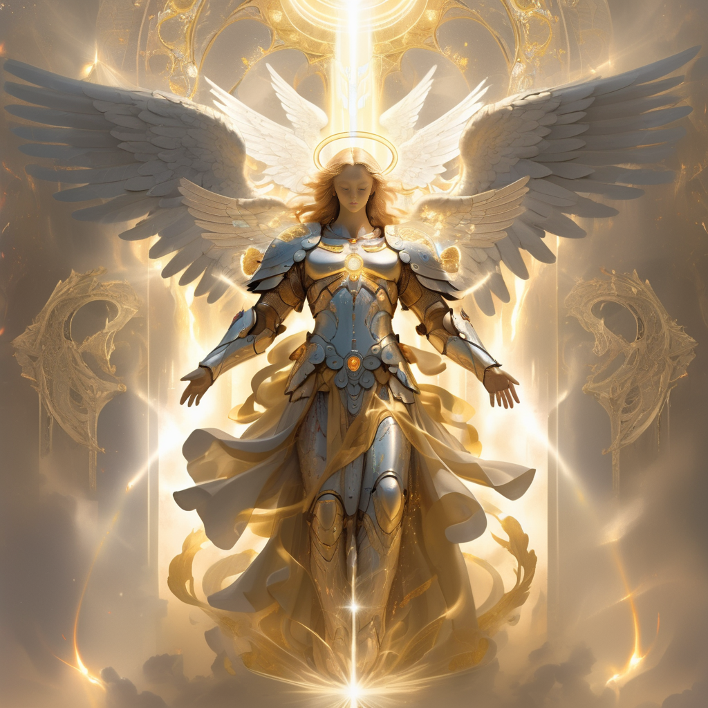 A digital art depiction of a resplendent Archangel clad in radiant battle armor, enveloped in a mist of holy light. The Archangel stands as a beacon of divine might, with wings unfurled and glowing with celestial energy. The armor, ornate and gleaming, is adorned with sacred symbols, reflecting a blend of strength and sanctity. The scene is awash in a mystical fog, illuminated by ethereal light, suggesting a heavenly realm. The overall composition conveys a sense of awe-inspiring power and divine protection, capturing the Archangel's majestic and spiritual essence, <lora:herocoolstyle:0.65>,