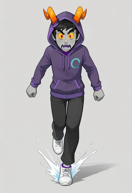grey skin, 1boy, male focus, yellow sclera, black hair, horns, yellow sclera, solo, hood, hoodie, full body, pants, simple background, jacket, troll, nubhorns, purple shirt, scared, running, arms out,
BREAK,
three-quarter view,
BREAK,