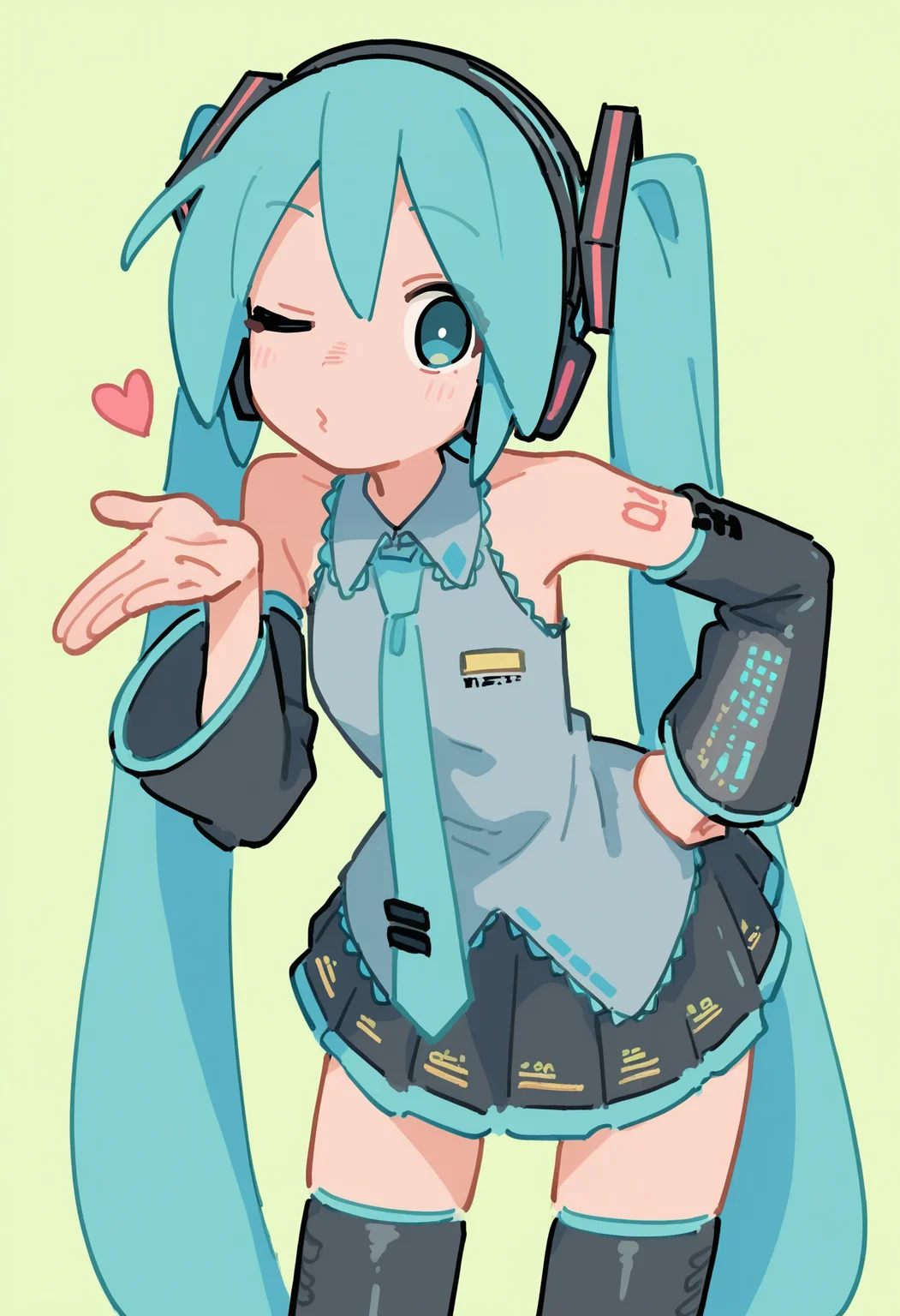 hatsune miku, 1girl, aqua hair, aqua necktie, bare shoulders, black skirt, black thighhighs, blowing kiss, cowboy shot, detached sleeves, flat chest, green background, hair ornament, hand on own hip, headphones, heart, leaning forward, long hair, miniskirt, necktie, number tattoo, pleated skirt, shirt, one eye closed, skirt, sleeveless, sleeveless shirt, standing, tattoo, thighhighs, twintails, very long hair, zettai ryouiki,
, masterpiece, best quality, good quality,
<lora:firedotinc_noob-vpred1.0_prodigy-schedulefree_edm2_v4:1>