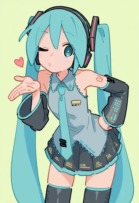 hatsune miku, 1girl, aqua hair, aqua necktie, bare shoulders, black skirt, black thighhighs, blowing kiss, cowboy shot, detached sleeves, flat chest, green background, hair ornament, hand on own hip, headphones, heart, leaning forward, long hair, miniskirt, necktie, number tattoo, pleated skirt, shirt, one eye closed, skirt, sleeveless, sleeveless shirt, standing, tattoo, thighhighs, twintails, very long hair, zettai ryouiki,
, masterpiece, best quality, good quality,
<lora:firedotinc_noob-vpred1.0_prodigy-schedulefree_edm2_v4:1>