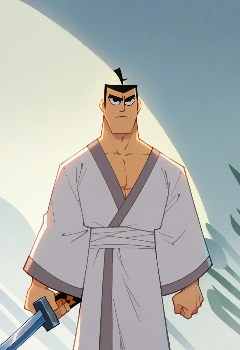 score_9, score_8_up, score_7_up, score_6_up, perfect anatomy, perfect proportions, best quality, masterpiece, high_resolution, high quality, aesthetic, absurdres, (male focus), solo male, source_cartoon \(Samurai Jack\), cartoon coloring \(Samurai Jack\), Samurai Jack\(Cartoon Network\), Berjack, black hair, short hair, samurai topknot, single topknot, black eyes, japanese clothing, white kimono with grey accents, wide sleeves, white Nagajuban \(japanese clothing\), Nagajuban \(japanese clothing\), geta\(footwear\), adult, mature, masculine, manly, handsome, charming, alluring, standing, upper body, dutch angle, cowboy shot, 2d, flat, fine art parody, science fiction, future city, grey placket, Jack's Katana