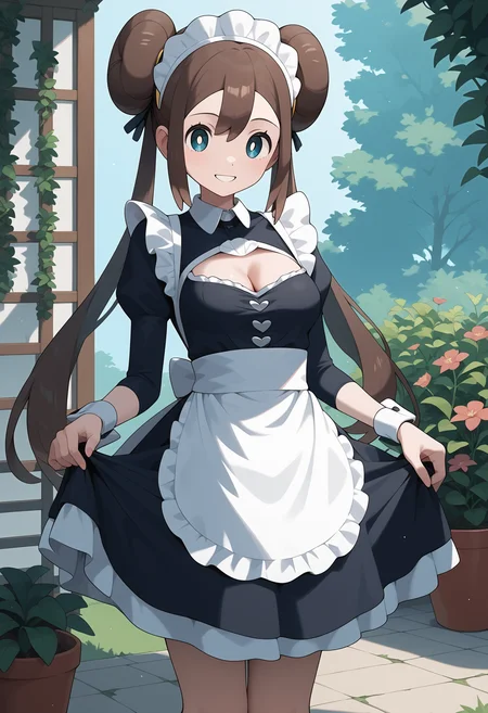 score_9, score_8_up, score_7_up, score_6_up, score_5_up, score_4_up, source_anime, aarosa, long hair, brown hair, double bun, twintails, blue eyes, medium breasts, <lora:rosa_(pokemon)_ponyxl_v1:0.9>, maid, maid headdress, apron, cleavage cutout, skirt lift, smile, garden, standing,