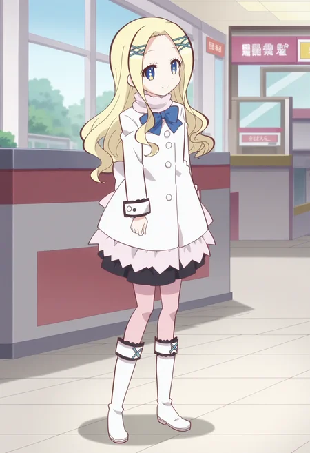 score_9, score_8_up, score_7_up, score_6_up, score_5_up, score_4_up , anime coloring ,BREAK source_anime, anime,screencap,
1girl, solo, gjbu geraldine, long hair, hair ornament, white coat, black skirt, white boots, pink pantyhose, <lora:PonyXL GJBU Geraldine V1:1>
indoors, mall,
smile, looking at viewer,