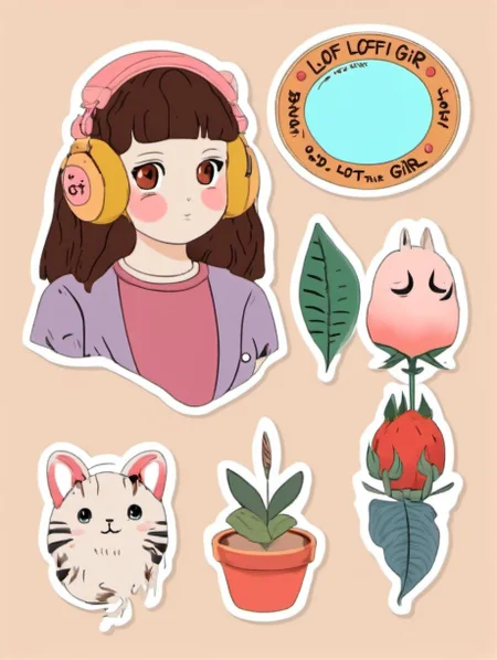 A StickerSheet for Lofi girl <lora:SDXL-LofiGirl-Lora:1> <lora:SDXL-StickerSheet-Lora:1>, Very detailed, clean, high quality, sharp image
