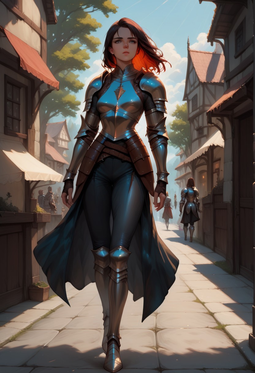 Alana, Knight, focused expression, detailed outfit, leather armor, walking down road, fantasy background,