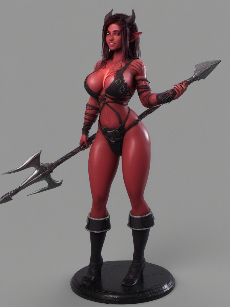 photo, nude ,red, Karlach , ifbb,  modeling, standing, hold spear, giant (red skin:1.6) , muscular sexy red, huge tits, smiling, fiery eyes, white teeth, detailed skin, black hair,  , (Devil_Girl_XL:1.2), ((huge boobs)),  strong pose, armed, (red skin:1.6), Red hair highlights,  <lora:Devil_Girl_XL-000004:0.6> , epic background, fantasy city, depth of field, great lighting, alluring lighting, rim lights, hair lights, cinematic, erotic, spooky, fantasy setting. DnD