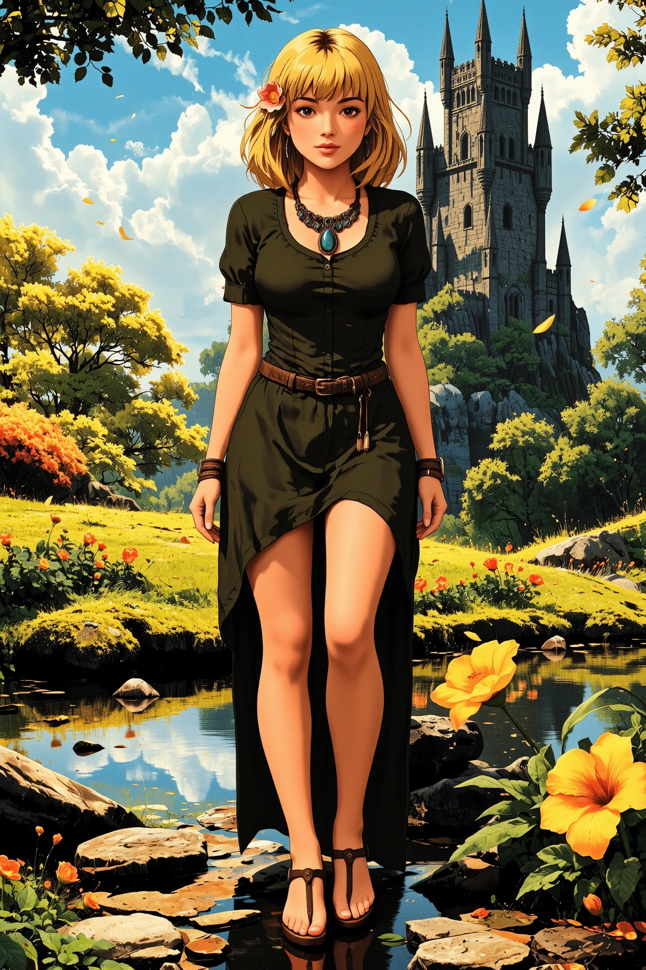 graduated bob yellow hair (young woman), (druid:1.2), anime, illustration, (extremely detailed), (portrait), (standing:1.2), (happy smile), flower in hair, glossy lipstick, celtic necklace, oval earrings, loincloth, (sandals),  Olive Green (druid short dress), (legs), heels, (sharp focus),  fantasy, (beautiful celtic landscape:0.9), (small rock:0.9), (moss:0.4), (ripples, reflections:0.8), celtic  castle, (small river small pond:0.5), druid forest, (druid village:1.2), (stunning nature environment:0.8), (enchanted land:0.5), clovers, (Bright Orange flowers:0.9), leaves,bright (sunny sky), (sunset:0.3), best quality, colorful, wet floor, raytracing, hdr, high contrast, ethereal natural lights, backlight, (lens flare:0.4), shadows, (vibrant colors, colorful):0.6, pretty, beautiful, happy, smiling, feminine, sexy, lovely, in love, adorable, fashion,  <lora:Hand v2:1> <lora:Anti-Blur:1><lora:Insane Detail Slider:0.5>  <lora:flux.1_lora_flyway_Epic-detail_v2:0.3><lora:fluxenhancer:0.5> <lora:RetroAnimeFluxV1:0.4> <lora:Luminous_Shadowscape:0.4>