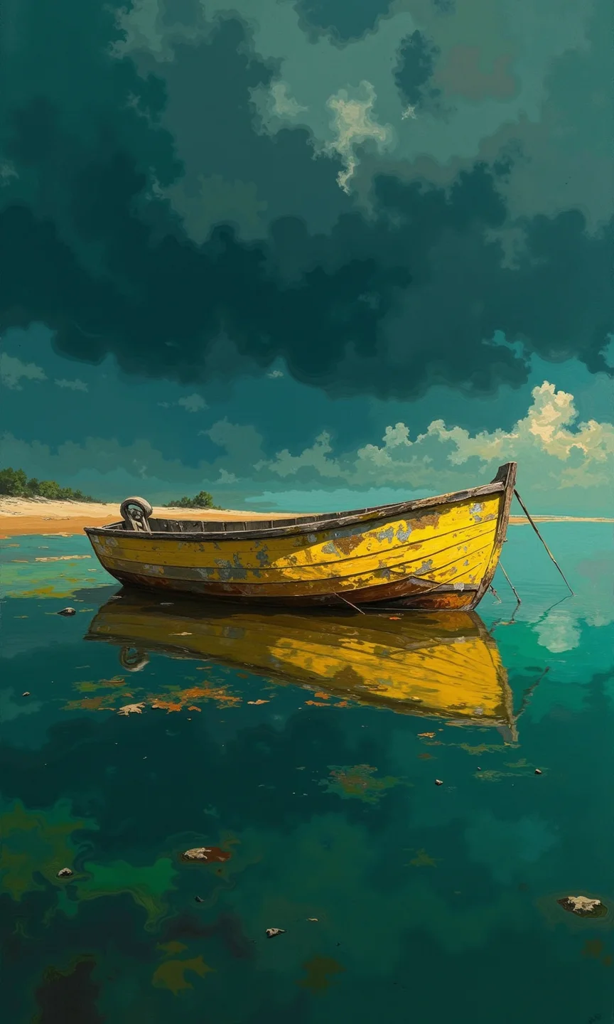 Full shot of a weathered, yellow wooden boat resting in calm, shallow water.
The boat's hull is a faded, mustard yellow, showing signs of age and water damage. Its structure is intact but appears slightly dilapidated, with some visible discoloration and possible minor decay. The water reflecting the boat is a deep teal/turquoise color, darkening towards the bottom of the image.
The water around the boat appears to have a sandy or muddy bottom, with patches of a yellowish-orange hue. The water's surface mirrors the boat's shape and color perfectly.
The sky is a dramatic contrast, exhibiting a dark teal and deep blue color, with a layer of heavy, cumulus clouds that cover much of the upper part of the image, suggesting a stormy or overcast environment.
The overall composition creates a sense of solitude and stillness, focusing on the contrast between the aged boat and the serene, though potentially stormy, environment., <lora:FLUX-daubrez-DB4RZ-v2:1> DB4RZ, DB4RZ style painting