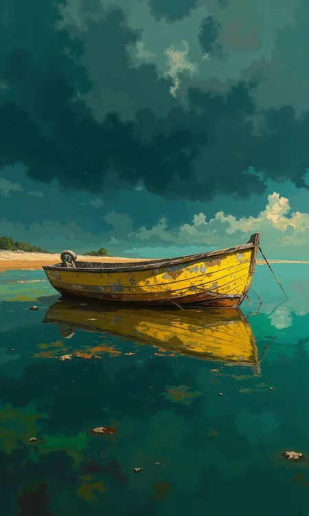 Full shot of a weathered, yellow wooden boat resting in calm, shallow water. 
The boat's hull is a faded, mustard yellow, showing signs of age and water damage.  Its structure is intact but appears slightly dilapidated, with some visible discoloration and possible  minor decay.  The water reflecting the boat is a deep teal/turquoise color, darkening towards the bottom of the image.  
The water around the boat appears to have a sandy or muddy bottom, with patches of a yellowish-orange hue. The water's surface mirrors the boat's shape and color perfectly. 
The sky is a dramatic contrast, exhibiting a dark teal and deep blue color, with a layer of heavy, cumulus clouds that cover much of the upper part of the image, suggesting a stormy or overcast environment. 
The overall composition creates a sense of solitude and stillness, focusing on the contrast between the aged boat and the serene, though potentially stormy, environment., <lora:FLUX-daubrez-DB4RZ-v2:1> DB4RZ, DB4RZ style painting