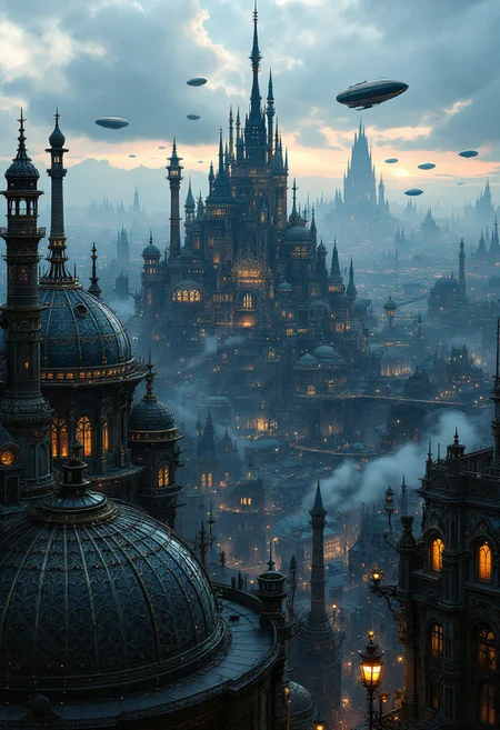 depicting a sprawling, fantastical cityscape with a steampunk aesthetic. The layout is a wide panoramic view showcasing a dense array of intricately designed buildings with pointed spires, domes, and elaborate architectural details. The structures are predominantly dark with hints of blue and bronze, creating a moody atmosphere. In the sky, several airships float among the clouds, adding to the steampunk theme. The city is bathed in a soft, diffused light, suggesting either dawn or dusk, with a warm glow emanating from windows and streetlights. Smoke rises from chimneys, contributing to the industrial feel. The foreground features a large, ornate dome with intricate patterns, while the background reveals a vast city stretching into the distance, with towering buildings silhouetted against the sky. The overall scene is rich in detail, evoking a sense of wonder and adventure.