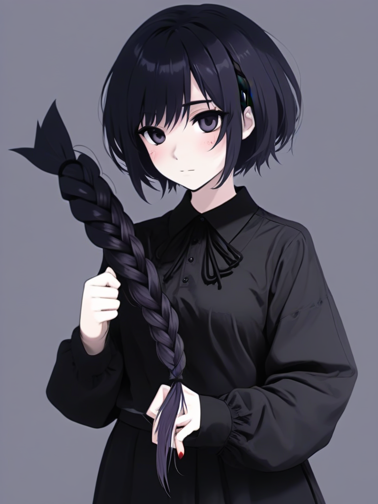 yandere goth girl, with a short hair holding a huge amount of her (cut off braid:1.2) <lora:extreme_haircut_v2:1>
