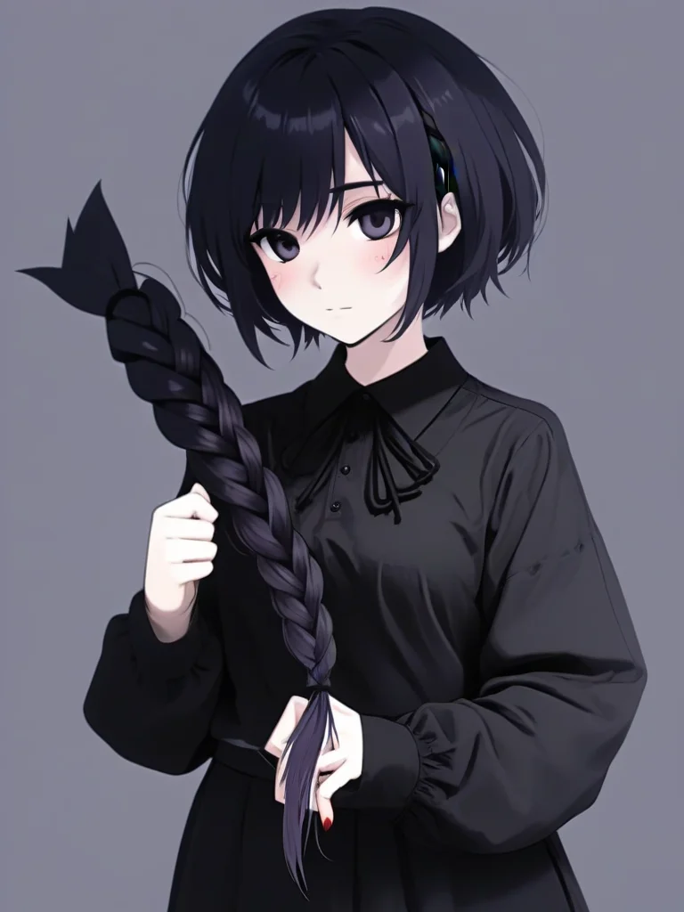 yandere goth girl, with a short hair holding a huge amount of her (cut off braid:1.2) <lora:extreme_haircut_v2:1>