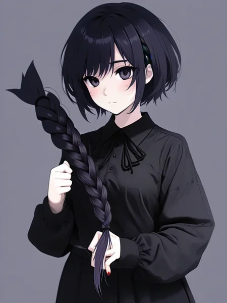 yandere goth girl, with a short hair holding a huge amount of her (cut off braid:1.2) <lora:extreme_haircut_v2:1>