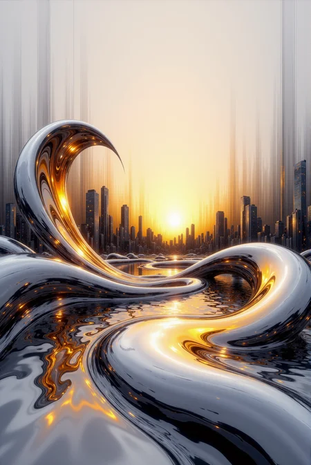 <lora:Vibrantly_Abstract_style:0.9> VibrantlyAbstract style. (a fine color ink lineart sketching of a (silhouette of a city) with a glossy shiny outline vibrant colors (reflective:1.05) volumetric splash of glary oil paint, colorful, flares, best quality, elegant, sharp clear art:1.1).
(Satin-metallic fluid twists gracefully through a gradient void, its surface reflecting soft pearlescent light in silver and bronze hues that cascade across each contour; the entire form flows in a seamless helix, with volumetric shadows deepening around its folds and curves, enhancing dimensional fluidity; illuminated highlights sharpen along its crest lines, revealing a brushed micro-texture beneath the sheen; the backdrop fades into smooth graphite grays, allowing the central form to dominate as a sculptural essence of kinetic elegance, poised between abstraction and minimalism:0.9).