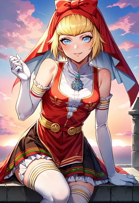 score_9, score_8_up, score_7_up, source_anime, BREAK, solo, 1girl, <lora:FE3H-S-Rank-pdxl_Fp:1>, sky, cloud, sunset, looking at viewer, <lora:Idun-pdxl_Fp:1>, idunsmt, blonde hair, short hair, blue eyes, red veil, red bow, red dress, frilled skirt, white gloves, white thighhighs, sleeveless, pendent, elbow gloves, smile, sitting,