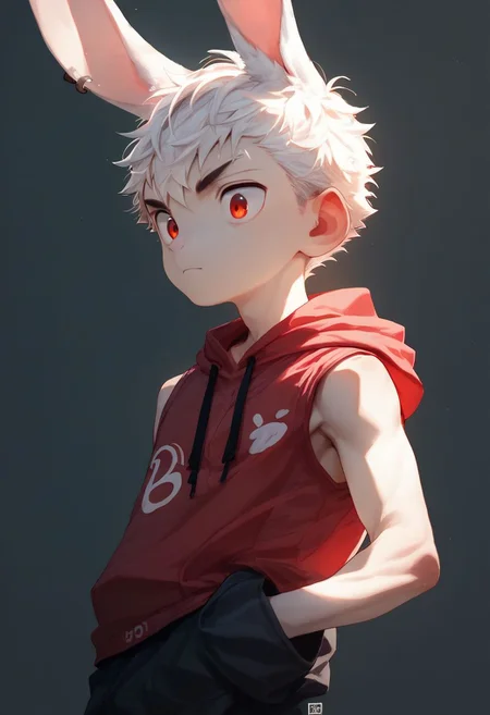 score_9,score_8_up,score_7_up,score_6_up,score_5_up,
solo,young boy,lop rabbit ear,((ear down)),
white hair,red eyes,
red sleeveless_hoodie,