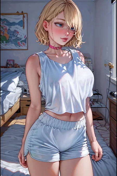(aromasensei:1.3), best quality, masterpiece, detailed background, highly detailed, intricate, detailed face, long eyelashes, detailed eyes, (standing, pose:1.1), (cowboy shot:1.3), (portrait:1.2), (thick thighs:1.0), (large breasts:1.0), (bedroom:1.3),
(one girl, 1girl:1.1), (solo:1.3), (light blue eyes:1.3), (blonde hair:1.3), (short hair), (wavy hair:1.2), (thick lips, pink lips:1.3), (choker:1.1), (pale skin:1.0),
(tank top, sport shorts:1.3),
(light smile, blush, nose blush:1.1), (half-closed eyes:1.2), (looking away:1.3), <lora:AromaStyle-V7:1>