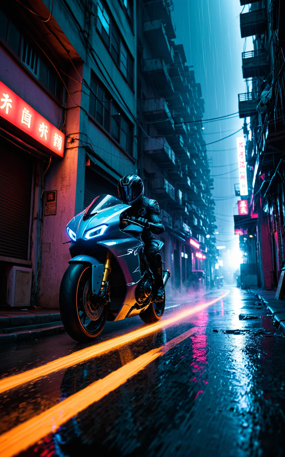 a cyan scifi futuristic concept motorcycle, (TRON rider:1), curvy and aerodynamic, Kowloon walled city narrow winding alleyway, light speed, flash, (heavy rain:1.2), motion trail, darkness, (speed lines:1.1), (motion blur:1.1), high contrast, deep focus, TRON, style by Ridley Scott, Cyberpunk 2077, Bladerunner, fog, mist, epic visual effects, arc lightning, underglow, interstellar, flow, detailed, scifi, extremely detailed textures, star blast, dark vibrant colors, cosmic art, stars in background, headlights, cinematic scene, lens flare, cinematic color grading, film still, god rays, glow, art of Doug Chiang and John Park glowneon, fuji cinestill, light leak, glowing, sparks, lightning, ultra detailed <lora:add-detail-xl:2>, dramatic lighting <lora:blacklight_makeup_v2:1> ultraviolet blacklight reactive paint, powerlines, catwalks, alleyway <lora:SDS_Contrast tool_XL:0.8>