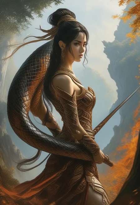 elfian princess fight against Thai NAGA (giant serpent), in beautiful forest, 8k action shot, elfian princess in short armor, long legs,, with long spear,fighting, fantasy, gigantic Thai NAGA (giant serpent), bosstyle,
