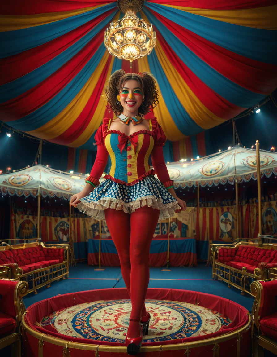 focus on woman face,rating_safe,A vibrant and colorful scene inside a grand circus tent,grand c1rcus, featuring a woman dressed as a whimsical clown. She is wearing an elaborate costume with a mix of bold patternsâred and white stripes, polka dots, and bright yellow accents. Her hair is styled in playful, oversized curls, dyed in shades of blue and pink. She is standing center stage, under a spotlight that casts a warm glow, making her sequined outfit sparkle. Her pose is dynamic and engaging, as if she is about to perform a trick or joke, with a wide, inviting smile. The background showcases the lively atmosphere of the circus, with colorful banners, a large audience in shadowy rows, and hints of other performers or props like juggling pins or unicycles. The overall lighting is bright and cheerful, emphasizing the magical, festive mood of the circus.<lora:SDXLFaeTastic2400:0.4> <lora:extremely_detailed:0.4> extremely detailed, <lora:grand_c1rcus:1>, Masterpiece,best quality,hi res,8k,hi res,8k,award winning,(sharp focus, intricate, highly detailed),