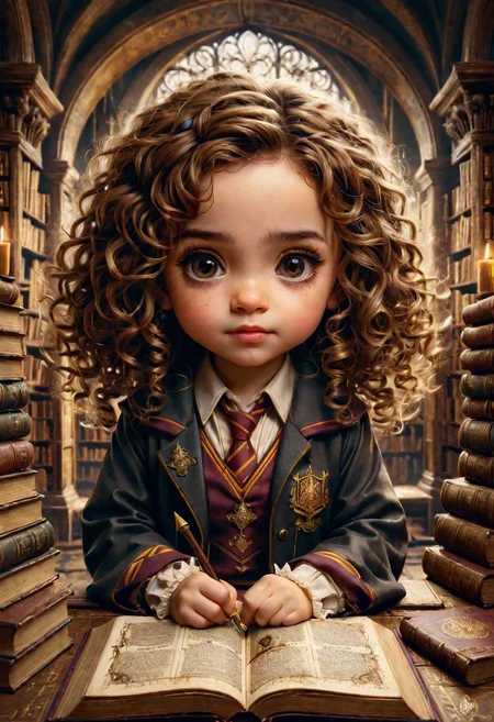 Hogwarts yearbook Portrait of adorable Chibi baby Hermione Granger by Awwchang and CGSociety and Carne Griffiths and James Christensen, dark brown eyes, curly hair, griffendor uniform, intricate motiffs, intricate filigree, hogwarts library background, Lou Xaz
