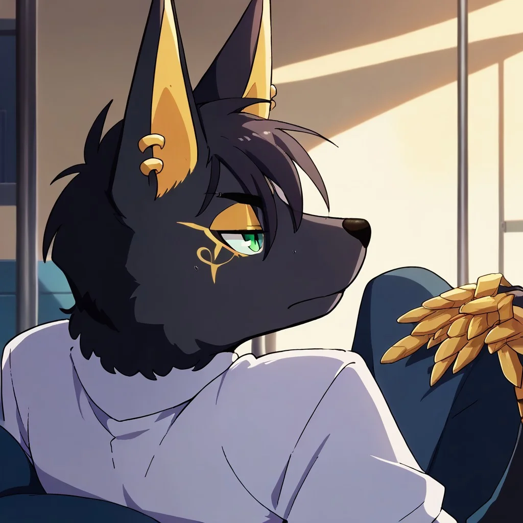 source_furry, score_9, score_8_up, score_7_up, source_anime,
anime_screencap,score_9,source_anime,
Haul Hiliiua. 1boy, male, black fur, jackal, markings, gold markings,
half-closed eyes