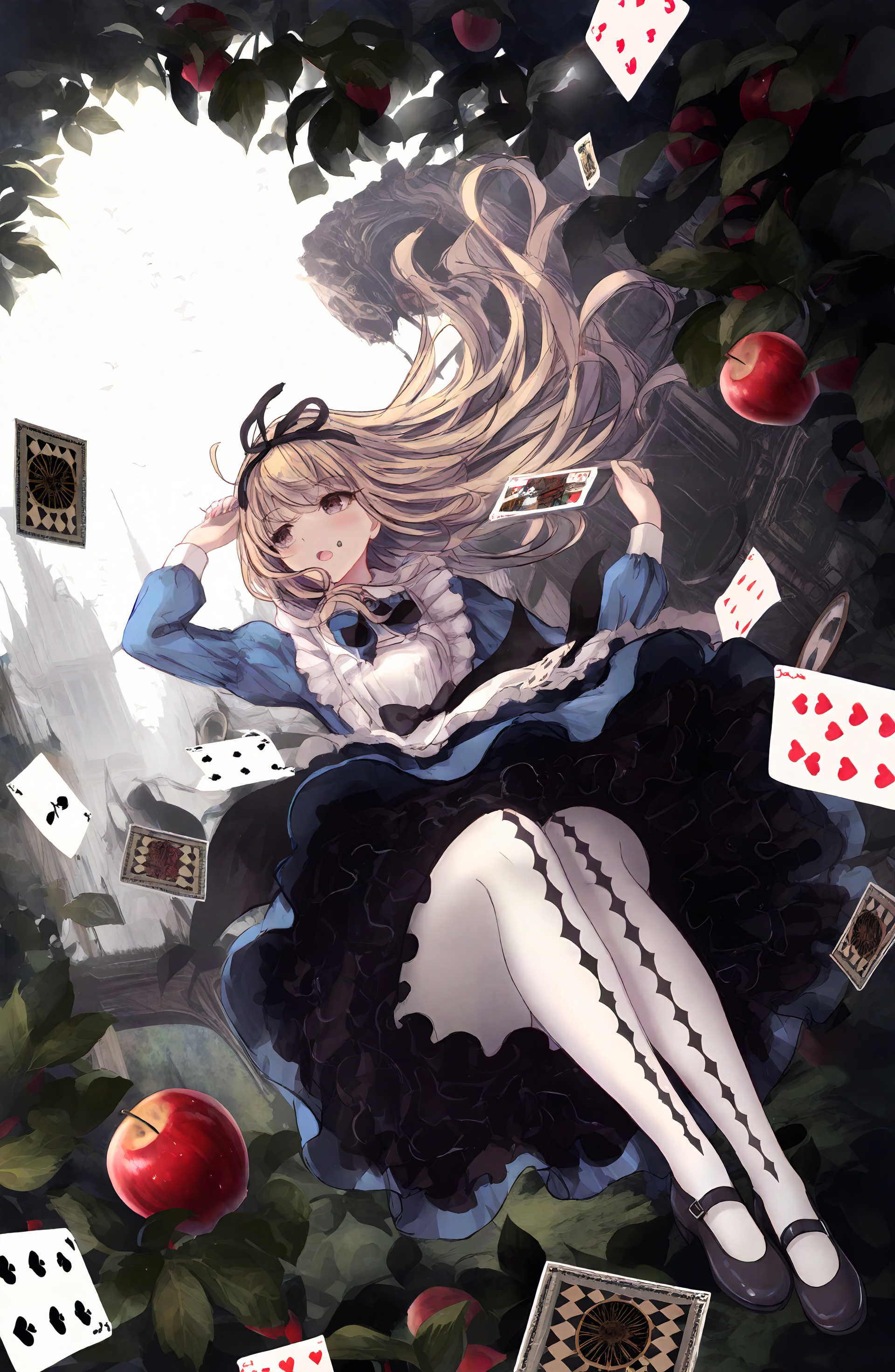 alice_\(alice_in_wonderland\), 1girl, solo, long_hair, blonde_hair, long_sleeves, dress, ribbon, purple_eyes, hair_ribbon, pantyhose, frills, food, shoes, black_footwear, black_ribbon, blue_dress, fruit, frilled_dress, white_pantyhose, mary_janes, card, apple, falling, playing_card