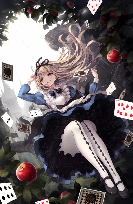 alice_\(alice_in_wonderland\), 1girl, solo, long_hair, blonde_hair, long_sleeves, dress, ribbon, purple_eyes, hair_ribbon, pantyhose, frills, food, shoes, black_footwear, black_ribbon, blue_dress, fruit, frilled_dress, white_pantyhose, mary_janes, card, apple, falling, playing_card