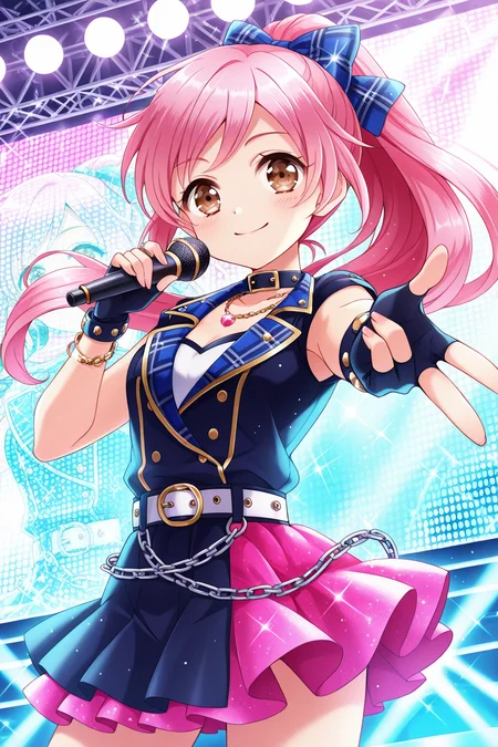 <lora:Grimoirerefrain:1>, Grimoirerefrain, 1girl, gloves, solo, pink hair, fingerless gloves, jewelry, long hair, ponytail, smile, microphone, brown eyes, skirt, bow, belt, hair bow, looking at viewer, chain, necklace, idol, collar, bracelet