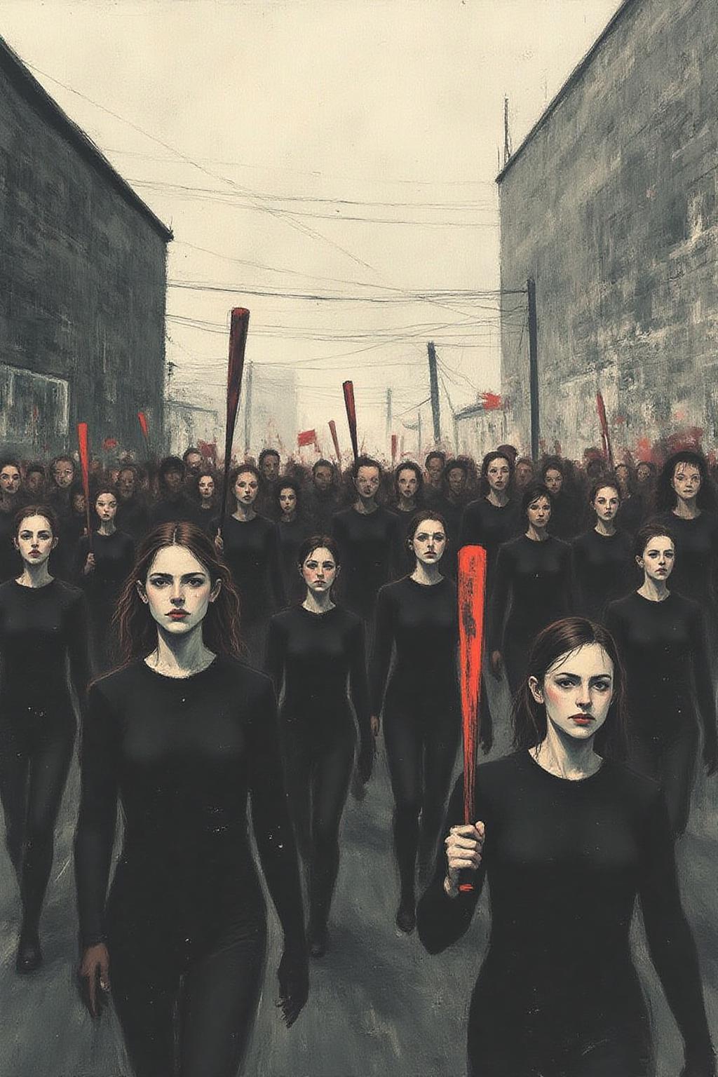 apoca1 illustration. a group of women marching,  holding baseball bats. The background is a dark gray brick wall, and the sky is a light gray <lora:apocalypse_now4_nocap_d4a2:1.0><lora:803189323068452567:0>