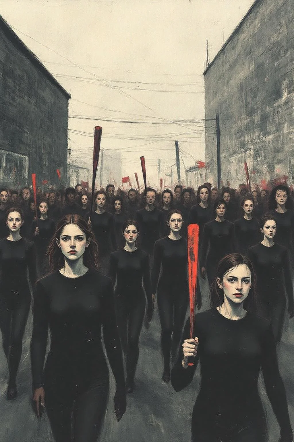 apoca1 illustration. a group of women marching, holding baseball bats. The background is a dark gray brick wall, and the sky is a light gray <lora:apocalypse_now4_nocap_d4a2:1.0><lora:803189323068452567:0>