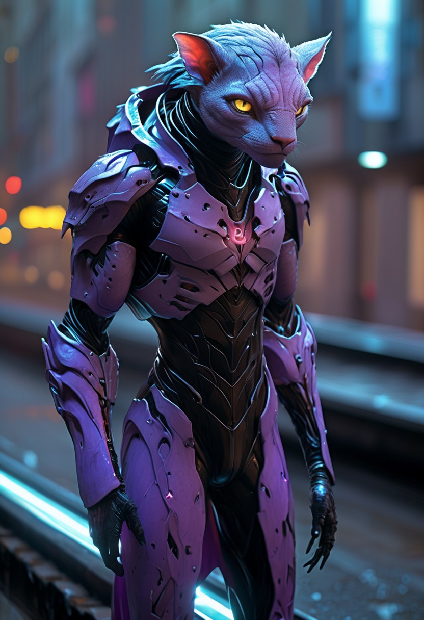 score_9, score_8_up, score_9_up, SilverPulse, Fantasy Creature, portrait, close to the face, punk hair, lizard, cat, alien girl, feminime, female, 1girl, Avatar navi alien with purple skin, bal, big eyes, medium breast, red trench coat, running on the top of train, yellow train, cyberpunk city, night, neon light, rainy,  dynamic view, dynamic pose, super wide angle shot, extreme perspective,