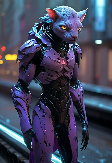 score_9, score_8_up, score_9_up, SilverPulse, Fantasy Creature, portrait, close to the face, punk hair, lizard, cat, alien girl, feminime, female, 1girl, Avatar navi alien with purple skin, bal, big eyes, medium breast, red trench coat, running on the top of train, yellow train, cyberpunk city, night, neon light, rainy,  dynamic view, dynamic pose, super wide angle shot, extreme perspective,