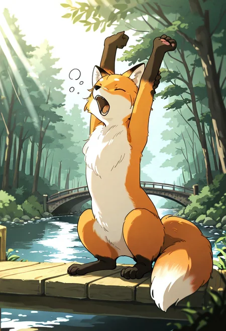 (masterpiece, best quality, high quality, highres), very awa, highres, absurdres,
chii-kun \(seedyoulater\), (naguru \(cyoroama\):0.8), 
(fox:1.2), (no humans:1.1), paws, fur, (cute:1.2), comfy, solo, 
yawning, stretching, OO,
forest, bridge, creek, burrow, day, sunlight, sun rays, beautiful background,