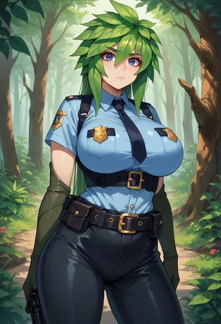 score_9,score_8_up,score_7_up,1girl,jelokii,oiled body,huge breasts,plant girl,forest,standing,blue eyes,green hair,hair between eyes,long hair,police outfit,belt,black pants,green elbow gloves,short sleeves,looking at viewer,frown,<lora:Kii-JeloXL-000008:1><segment:yolo-Anzhc Face seg 640 v2 y8n.pt,0.4,0.3><segment:yolo-Anzhc Breasts Seg v1 1024m.pt,0.4,0.3>