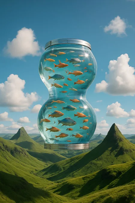A hyperrealistic image of a large, transparent barrel shaped like a figure eight floating in the air above rolling green hills dotted with sharp peaks.  Inside the barrel, numerous colorful fish are swimming. The sky is bright blue with scattered fluffy clouds.  The overall effect is surreal and ethereal.  Highly detailed, 8k resolution, photorealistic rendering.