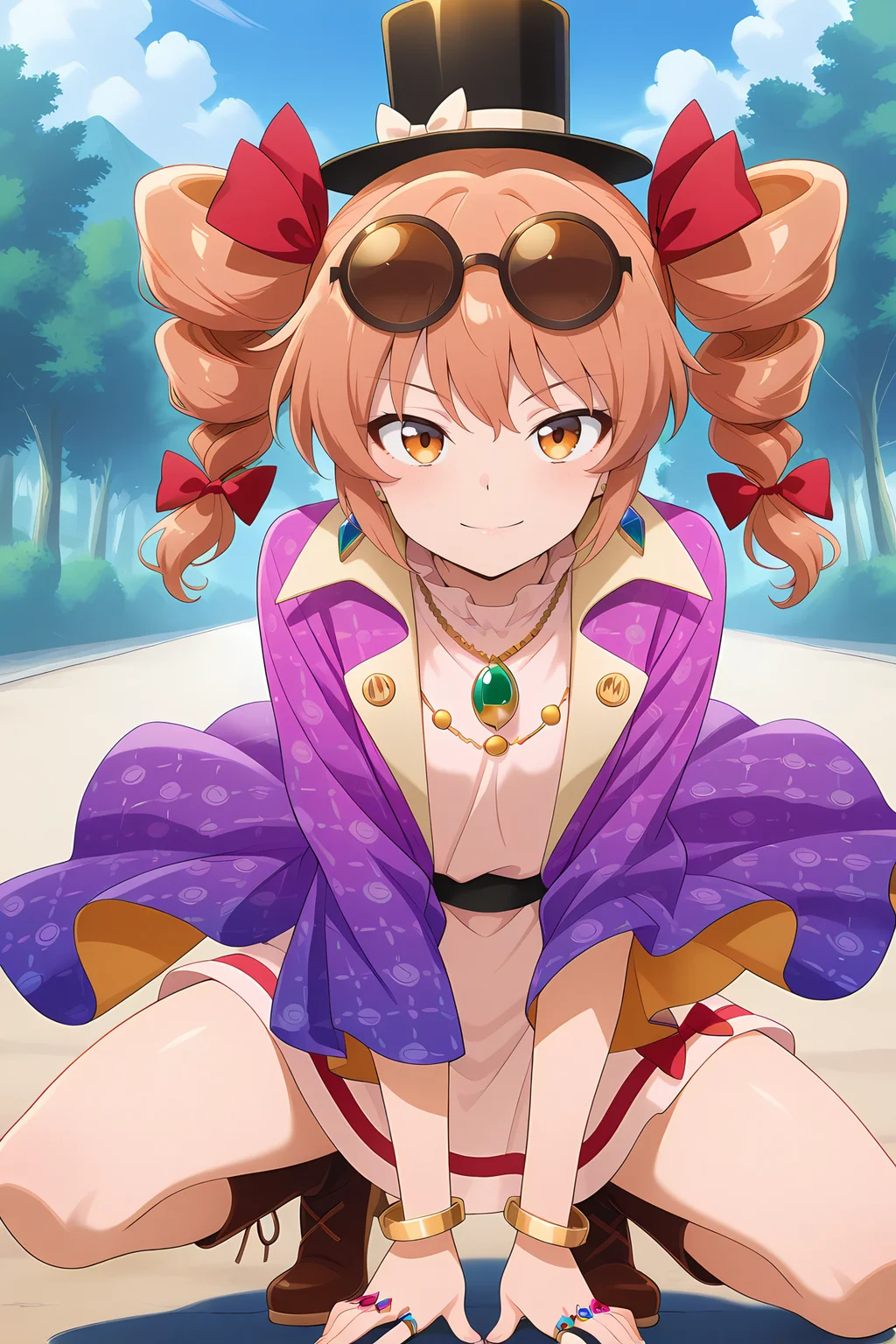 absurdres, highres, masterpiece, best quality, amazing quality, official anime artwork, screencap, anime screencap, outdoors, light smile, looking at viewer, dynamic pose,  
 <lora:Joon-Yorigami-Illustrious:1> yorigami jo'on, 1girl, solo, orange eyes, orange hair, drill hair, twin drills,, black hat, eyewear on head, hair bow, red bow, jewelry, white dress, purple jacket, necklace,