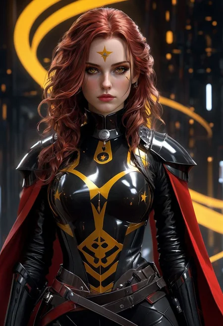 gothic girl, wearing black battle bodysuit, 
(star wars inquisitor, bdsm, collar cyberpunk Samurai jacket:1.7), (full body female, red yellow:1.4), (Large linen cape), (bdsm harness, tight firm breasts:1.2), (full body, shinny, wavy hair:1.2), 
(Masterpiece, intricate lines, surrounded by a detailed spacescape with translucent dark-amber,  intriguing atmosphere, sharp magnificent details, delicate features, elaborate details, dark dreams, whimsical charm, ethereal glow, freckles, tack sharp:1.3)