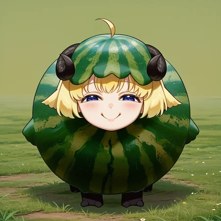 score_9, score_8_up, source_anime, Watamelon, smile, smug, half-closed eyes, no humans, creature, chibi, watermelon, all fours, TsunomakiWatame, horns, long hair, ahoge, purple eyes, blue eyes,<lora:ChamWatamelonPonyXL:1>, <lora:ChamTsunomakiWatamePonyXL:1>
