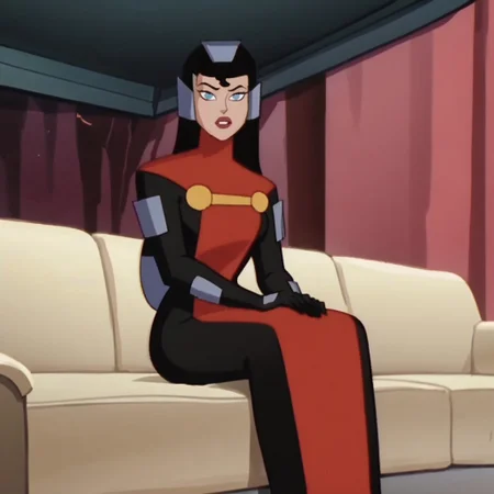 score_9, score_8_up, score_7_up, 1girl, solo, lipstick, black hair, long hair, blue eyes, bodysuit, helmet, Lara-El (dc), full body, looking at viewer, indoors, sitting, sitting on couch, cartoon_screencap